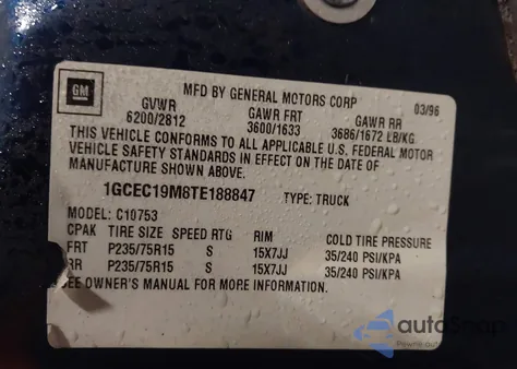 1996 Chevrolet Gmt-400 C1500 z USA, uszkodzony, nr VIN 1GCEC19M8TE188847